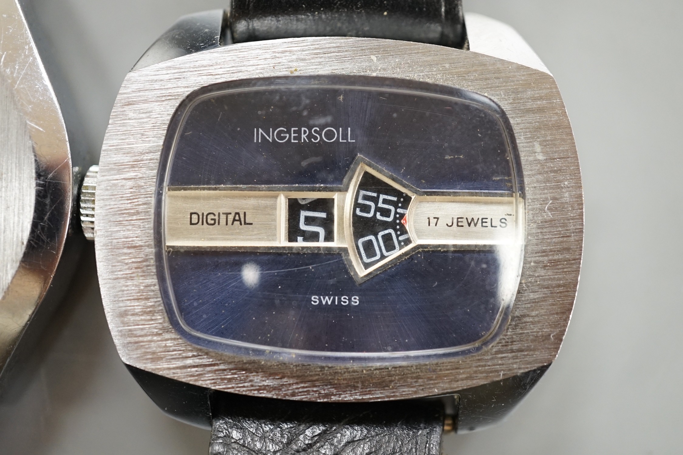 Two gentleman's stainless steel Ingersoll jump hour digital manual wind wrist watches.